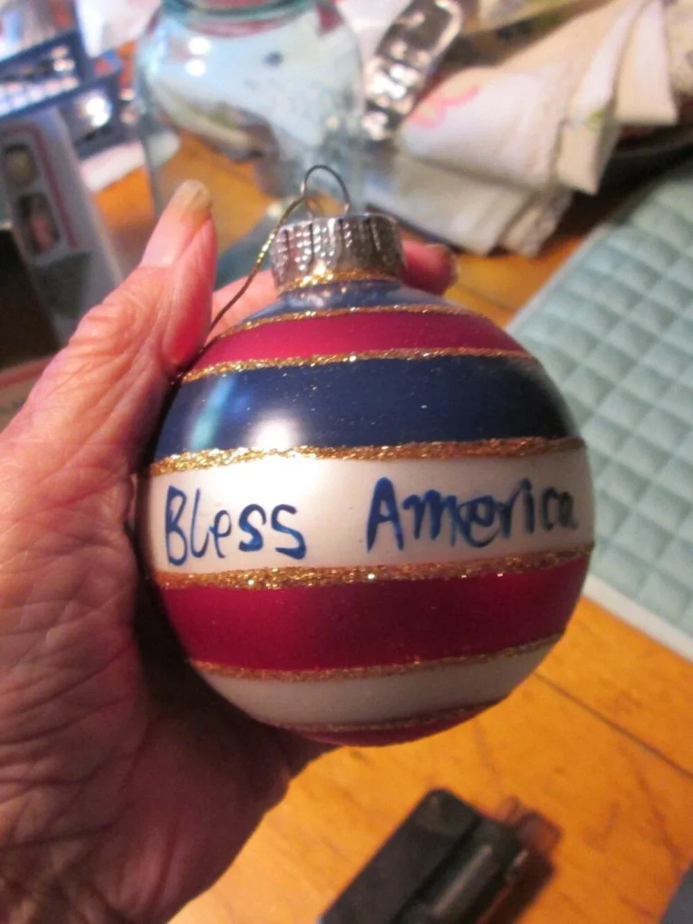 In box Christmas House Glass glitter handcrafted ornament God Bless America